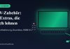 Fernseher mit Wandhalterung, Soundbar, Fernbedienung und HDMI-Kabel – sinnvolles TV-Zubehör
