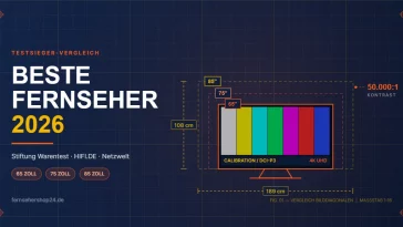 Technische Zeichnung im Blueprint-Stil: drei Fernseher-Bilddiagonalen in 65, 75 und 85 Zoll im Größenvergleich mit SMPTE-Testbild und Maßangaben, Titel Beste Fernseher 2026