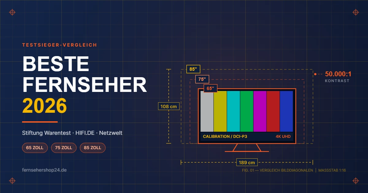 Technische Zeichnung im Blueprint-Stil: drei Fernseher-Bilddiagonalen in 65, 75 und 85 Zoll im Größenvergleich mit SMPTE-Testbild und Maßangaben, Titel Beste Fernseher 2026